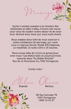 Faire part de mariage   Fleurs à l'aquarelle sur kraft   Rose Verso