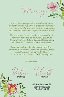 Faire part de mariage   Fleurs à l'aquarelle sur kraft   Vert Verso