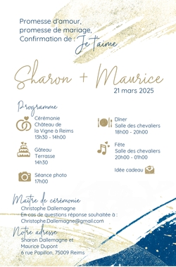 Carte de mariage   Bleu aquarelle et or Verso