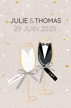 Faire part de mariage   M. et Mme dans une coupe de champagne Recto