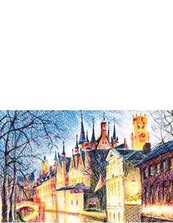 Kunst Kerstkaart   Tekening Brugge Achterkant/Voorkant